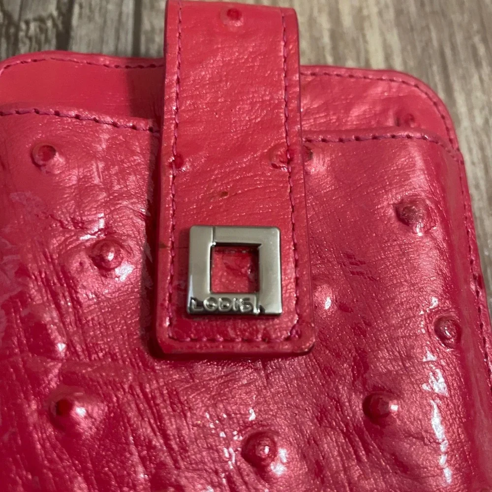 Lodis Pink‎ Ostrich Embossed Leather Card Case Wristlet ID Wallet Zipper Pocket